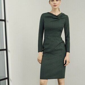 The Fold sheath shift dress green tweed pleated neckline geometric long sleeve 4